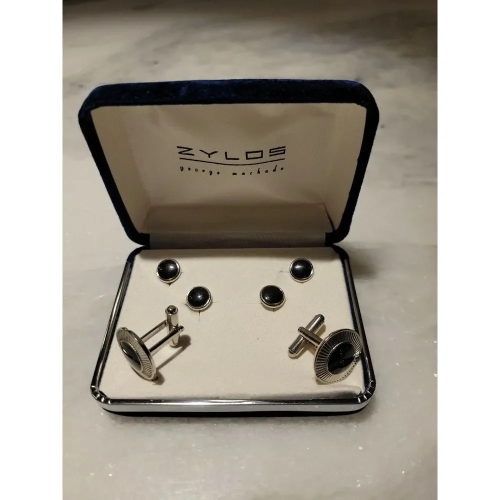 VINTAGE ZYLOS GEORGE‎ MACHADO SILVER TONE & ONYX CUFF LINKS SET